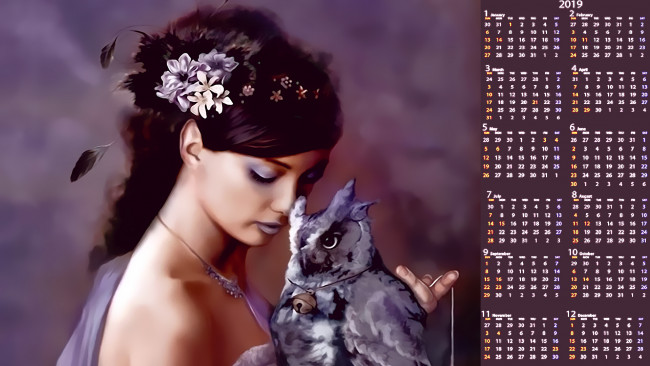 Обои картинки фото календари, фэнтези, филин, колокольчик, сова, девушка