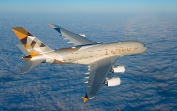 Картинка airbus+a380-800 авиация пассажирские+самолёты etihad airways лайнер пассажирский самолет airbus a380-800 небо a380