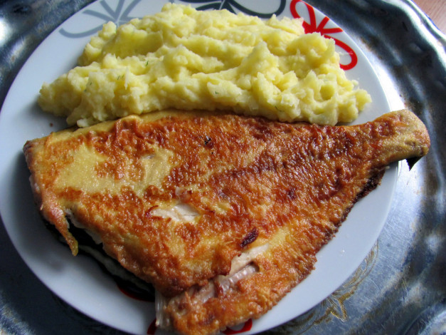 Обои картинки фото еда, рыбные блюда,  с морепродуктами, пюре, камбала