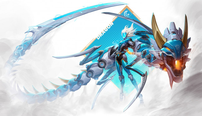 Обои картинки фото фэнтези, роботы,  киборги,  механизмы, дракон, девушка