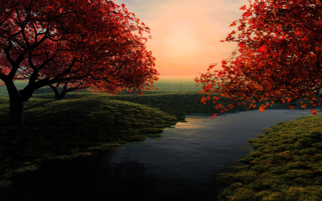 Обои картинки фото 3д графика, природа , nature, деревья, луга, река