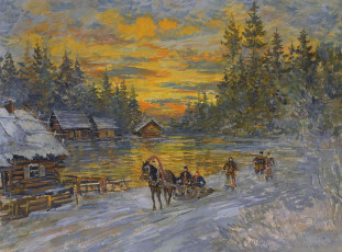 обоя тройка на закате константин алексеевич коровин, рисованное, живопись, пейзаж