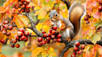 обоя разное, компьютерный дизайн, белка, дерево, ветка, орехи, осень