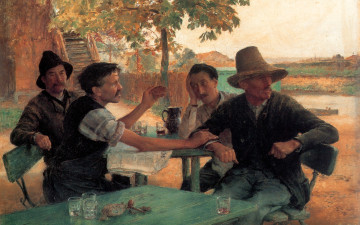 обоя emilie friant, рисованное, живопись, люди, стол, газета, стаканы, деревья, здание