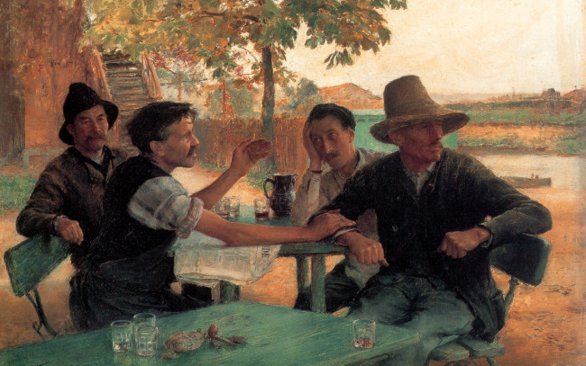 Обои картинки фото emilie friant, рисованное, живопись, люди, стол, газета, стаканы, деревья, здание