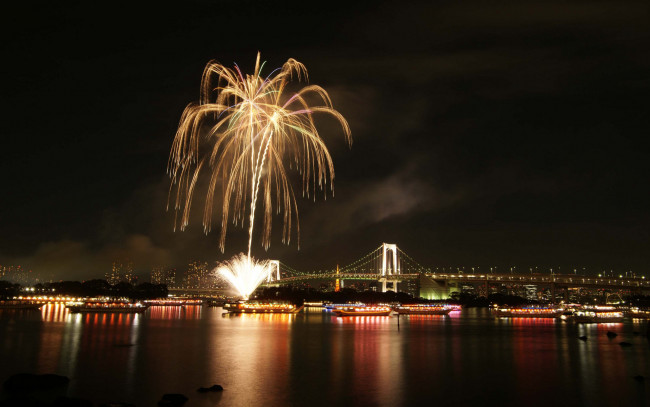 Обои картинки фото разное, салюты, фейерверки, салют, река