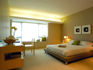 обоя интерьер, спальня, подушка, кровать, светильник