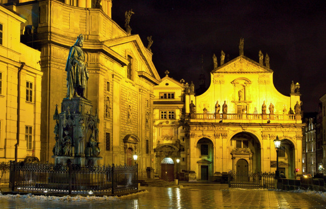 Обои картинки фото Чехия, прага, города, ночь, огни, дома, улица