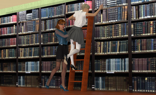 Обои картинки фото 3д графика, people , люди, библиотека, девушки