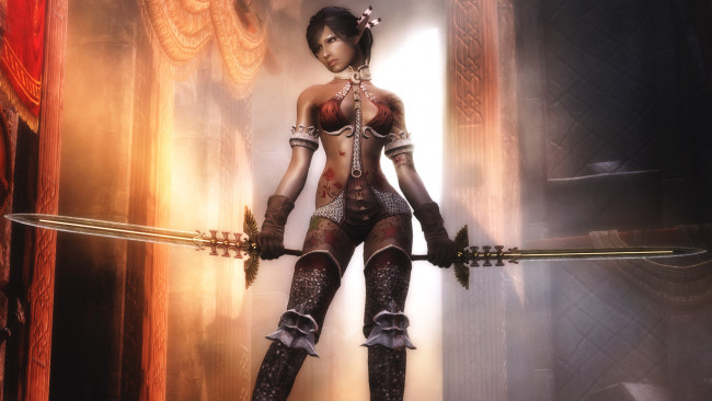 Обои картинки фото 3д графика, эльфы , elves, эльфийка, взгляд, фон, мечи