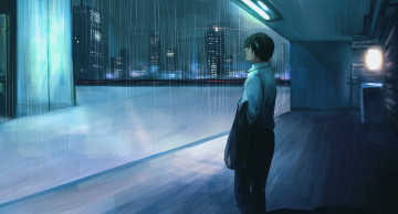 Картинка аниме город +улицы +интерьер +здания парень