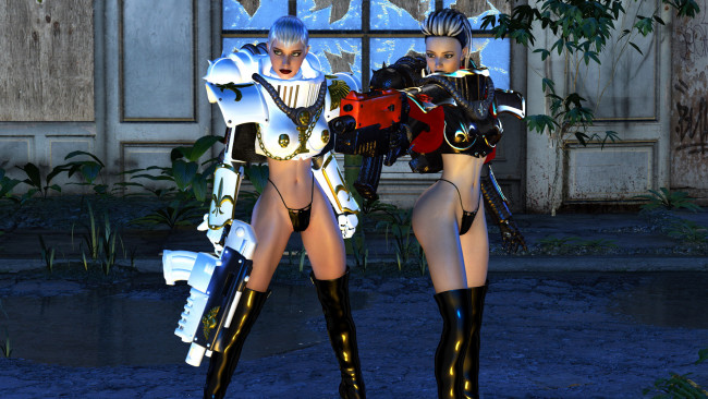 Обои картинки фото 3д графика, фантазия , fantasy, девушки, фон, взгляд, униформа, оружие