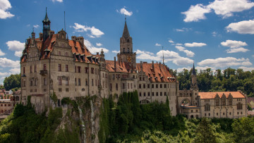 Картинка замок+зигмаринген города замки+германии замок скала деревья