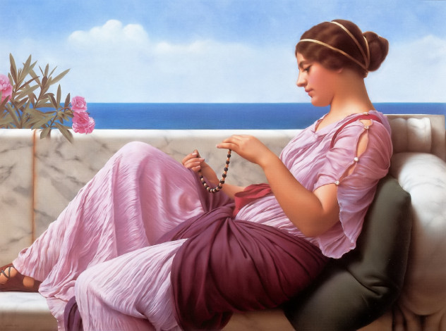 Обои картинки фото a souvenir, рисованное, john william godward, женщина, бусы, подушка, мрамор