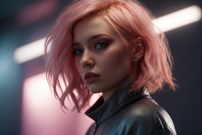 Обои картинки фото 3д графика, люди , people, ai, art, искусственный, интеллект, розовые, волосы, портрет, боке