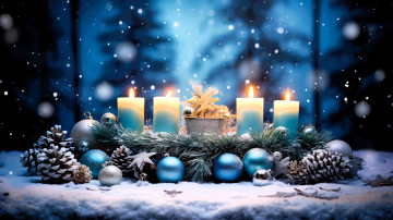 Картинка праздничные новогодние+свечи свечи ёлка ветки шарики шишки снег