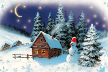 обоя рисованное, праздники, пейзаж, новогодняя, снеговик