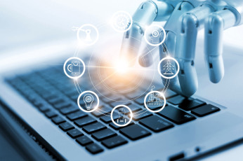 обоя компьютеры, мониторы,  ноутбуки, клавиатура, значки, рука, робот