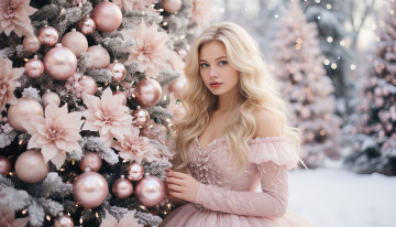 Картинка нейросеть 3д+графика люди+ people блондинка декольте красивая девушка digital art новогодние игрушки новогодняя елка цифровое искусство искуственный интеллект