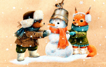обоя праздничные, снеговики, новогодняя