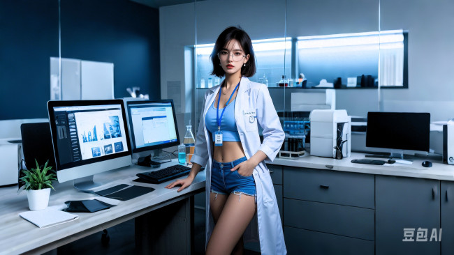 Обои картинки фото 3д графика, люди , people, девушка, профессор, очки, халат, шорты, топ, компьютеры, оборудование