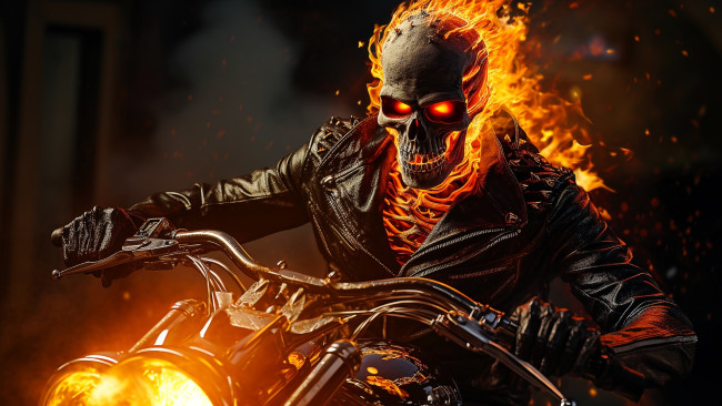 Обои картинки фото 3д графика, мультфильмы,  кино,  видео игры, призрачный, гонщик, огонь, череп, куртка, мотоцикл, демон