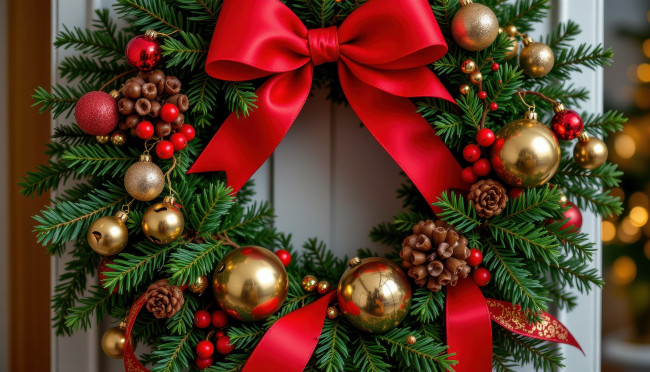 Обои картинки фото автор wp stl, 3д графика, праздники , holidays, рождественский, венок, шарики, алый, бант