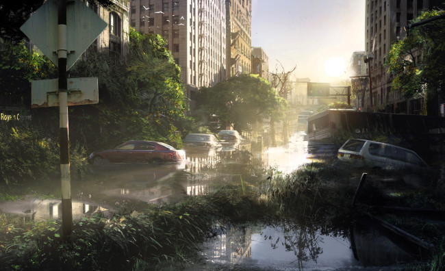Обои картинки фото видео игры, the last of us, город, развалины, лужи, машины, деревья