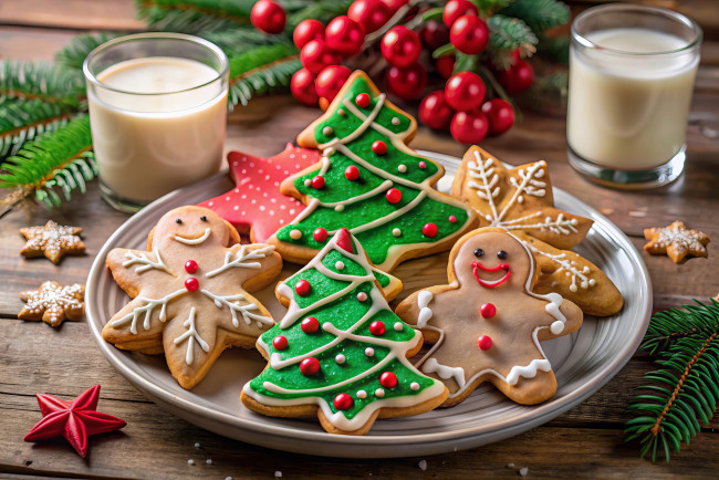 Обои картинки фото 3д графика, праздники , holidays, стаканы, молоко, пряники