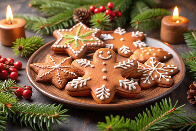 Обои картинки фото 3д графика, праздники , holidays, свечи, еловые, ветки, пряники