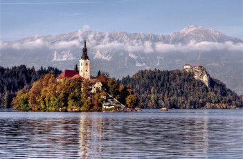 Картинка озеро блед словения города деревья шпиль остров