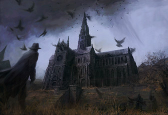 Картинка фэнтези иные+миры +иные+времена человек забор дворец вороны готика
