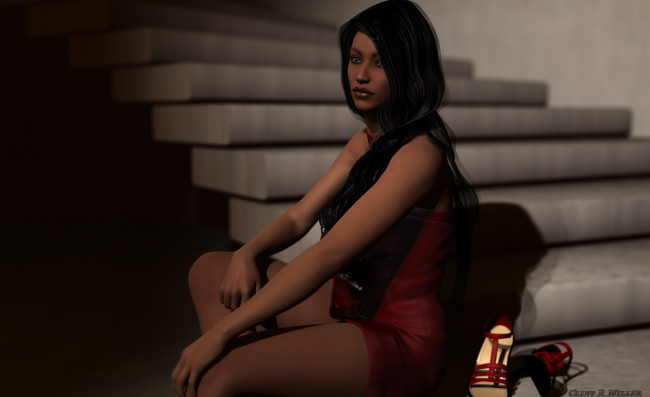 Обои картинки фото 3д графика, people , люди, девушка, лесница, взгляд