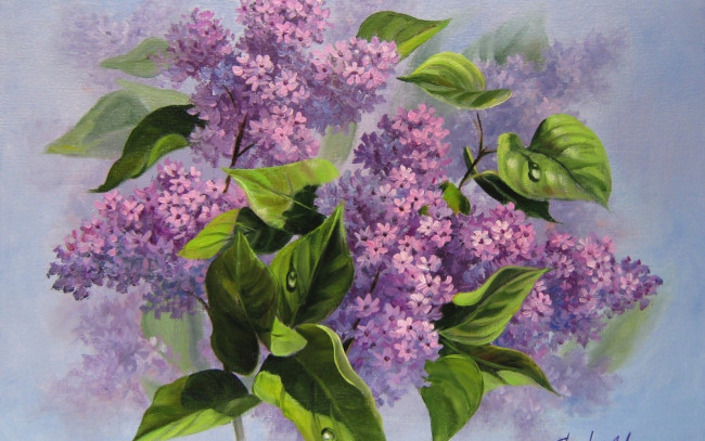 Обои картинки фото рисованные, цветы, живопись, сирень, запах, тумана