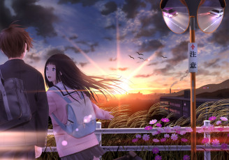 Картинка аниме город +улицы +здания фон девушка взгляд парень