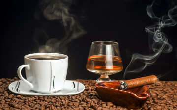 Картинка еда разное кофе коньяк зерна сигара дым