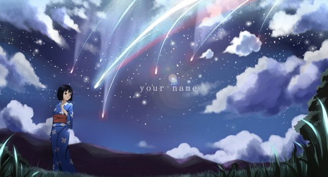 Обои картинки фото аниме, kimi no na wa, фон, взгляд, девушка