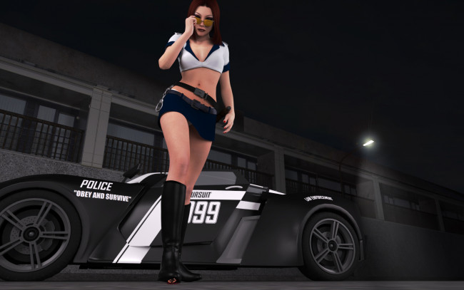 Обои картинки фото 3д графика, люди , people, взгляд, машина, полицейский, фон, девушка
