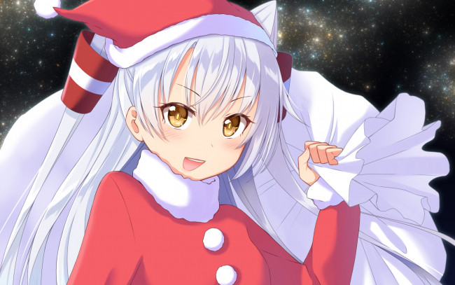 Обои картинки фото аниме, зима,  новый год,  рождество, фон, взгляд, девушка