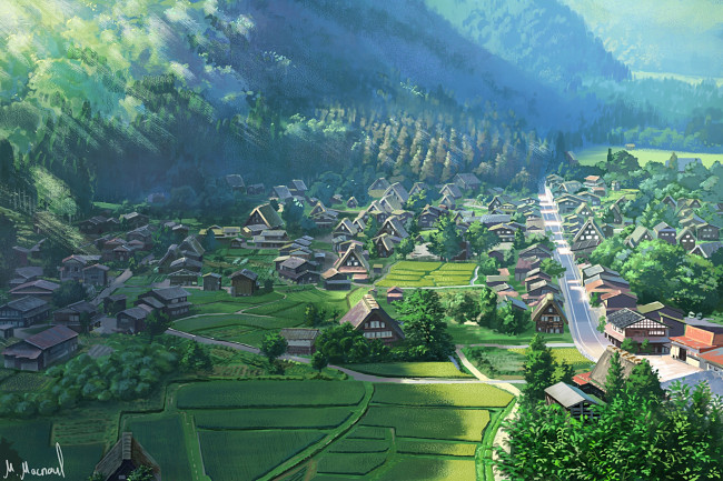 Обои картинки фото аниме, город,  улицы,  здания, улица, дома