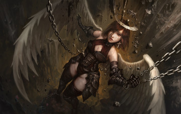 Картинка фэнтези ангелы взгляд цепь нимб девушка фон крылья