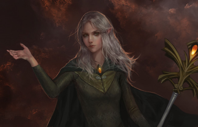 Обои картинки фото фэнтези, эльфы, посох, взгляд, фон, девушка