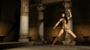 обоя 3д графика, амазонки , amazon, девушка, фон, зал, колонна, кинжал, стойка