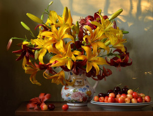Картинка еда вишня +черешня букет лилии черешня цветы