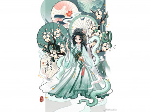 Картинка аниме животные +существа девушка зонты змея