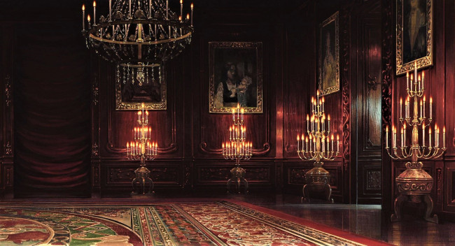 Обои картинки фото аниме, howl`s moving castle, зал, свечи, ковер, картины