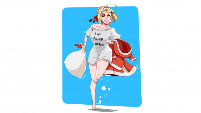 Обои картинки фото аниме, зима,  новый год,  рождество, девушка, бежит, костюм, деда, мороза, мешок