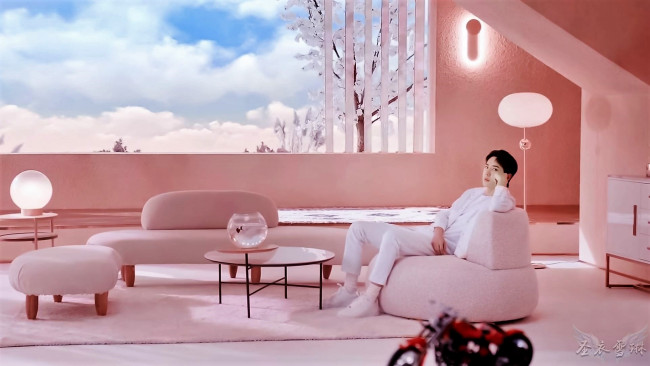 Обои картинки фото мужчины, wang yi bo, комната, окно, кресла, мотоцикл