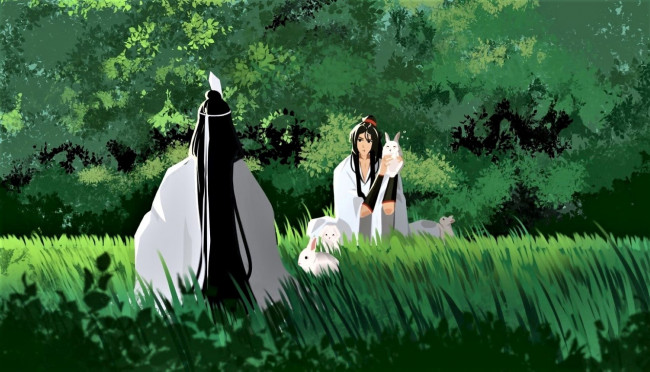 Обои картинки фото аниме, mo dao zu shi, лань, ванцзи, вэй, усянь, кролики, трава
