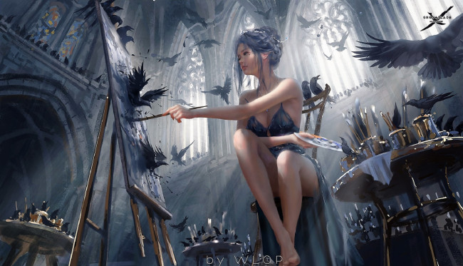 Обои картинки фото фэнтези, _ghost blade ,  призрачный клинок, девушка, холст, краски, птицы